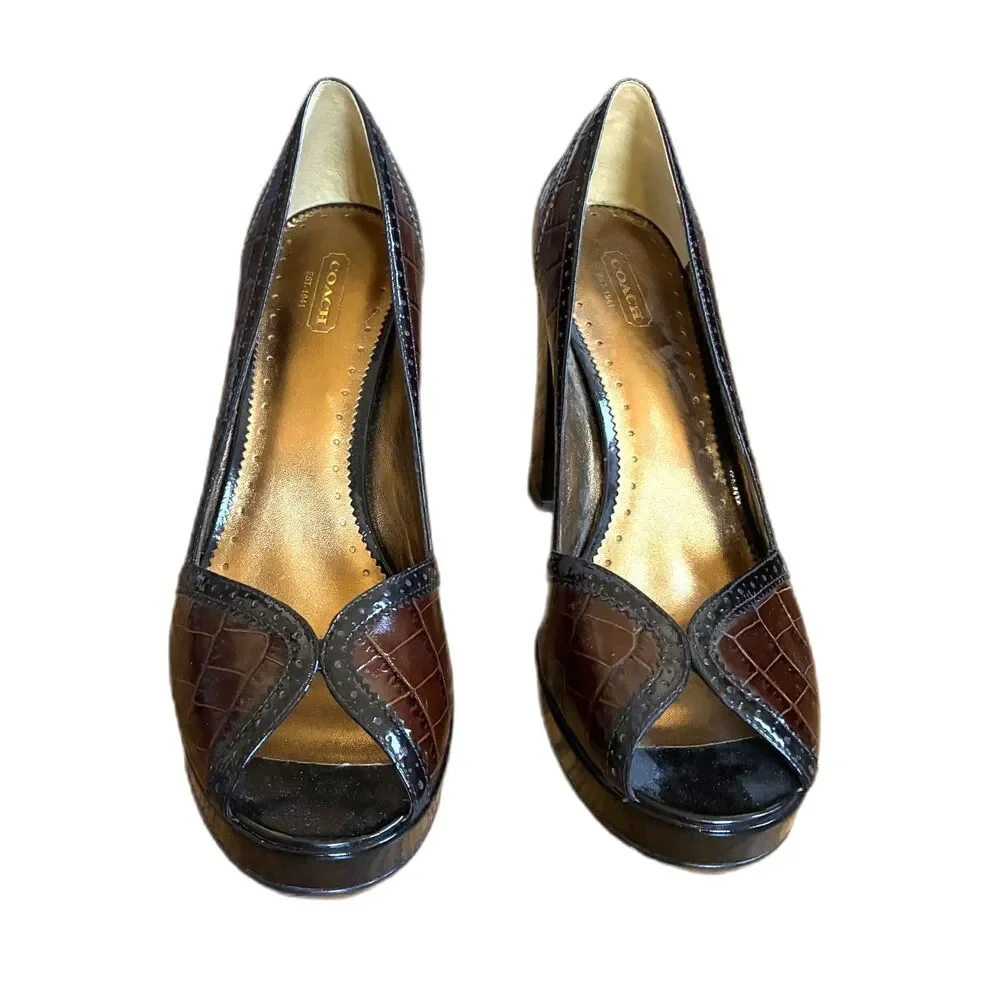 COACH Brown Croc Embossed Leather Peep Toe Platform Heels Shoes  Women's Size 11